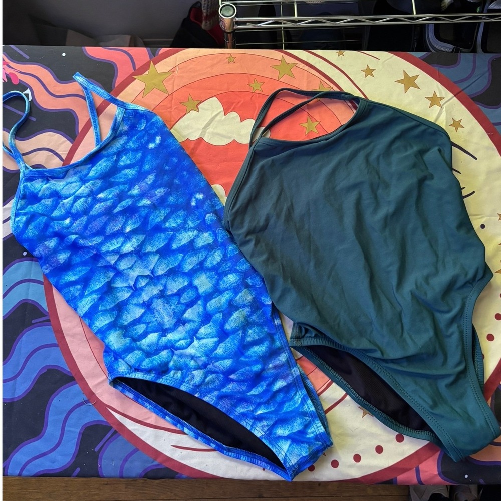 Jolyn Brandon 2 Mermaid Scale Blue Training Swimsuit One Piece Lot of 2 UPF 50+
